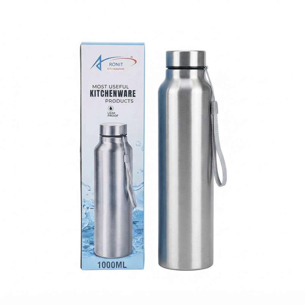 RONIT 1000ML Stainless Steel Single Wall Water Bottle with Carry Strap – Pack of 60 Pcs